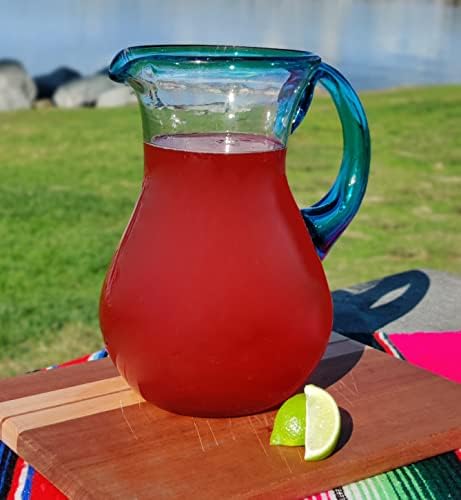 Mexican Hand Blown Glass Pitcher With Aqua Rim 84 Oz