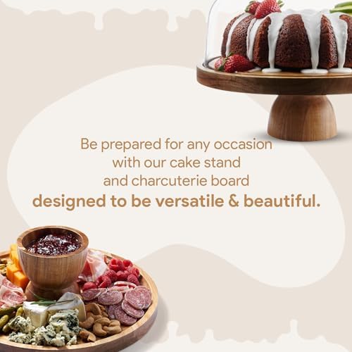 Acacia Wood Cake Stand with Shatterproof Lid - 12in Round Dessert Display