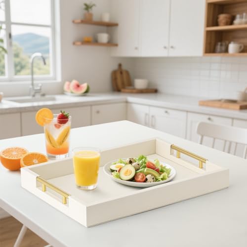 Beige Faux Leather Serving Tray with Handles