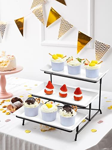 Yedio 3 Tier Serving Trays Set White Porcelain with Collapsible Metal Stand