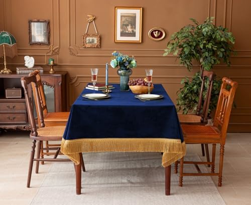 F-CHU Luxury Velvet Tablecloth with Gold Tassels 60x70-Inch