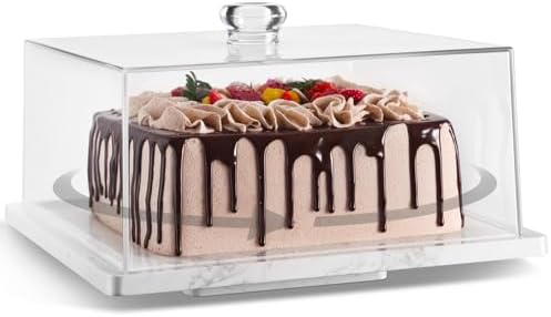 CherHome Square Cake Stand with Rotatable Marble Plate and Lid