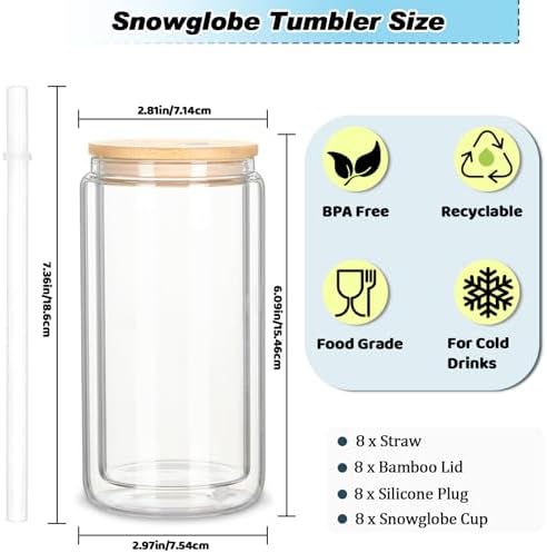 8 Pack 16 Oz Sublimation Snow Globe Tumbler with Bamboo Lids and Straws