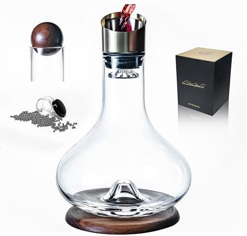 Premium Hand Blown Crystal Wine Decanter with Aerator and Walnut Base