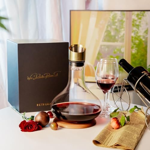 Premium Hand Blown Crystal Wine Decanter with Aerator and Walnut Base