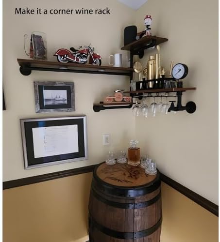 Industrial Pipe Shelves Wine Rack Wall Mounted with 4 Stem Glass Holder