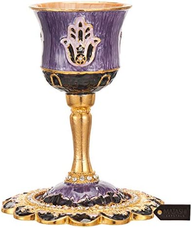 Matashi Hand-Painted Enamel Kiddush Cup Set with Stem and Tray