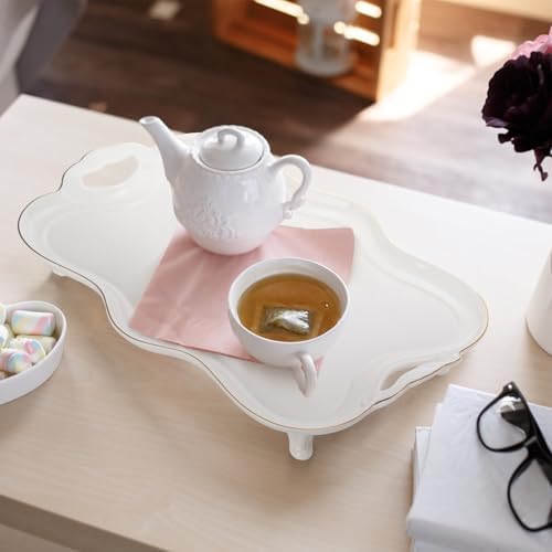 16 Inch Ceramic Serving Tray with Handles and Gold Rim