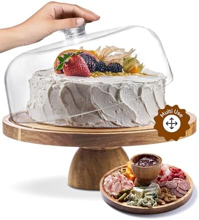 Acacia Wood Cake Stand with Shatterproof Lid - 12in Round Dessert Display