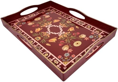 Boho Red Serving Tray with 4 Handles 15x11x19