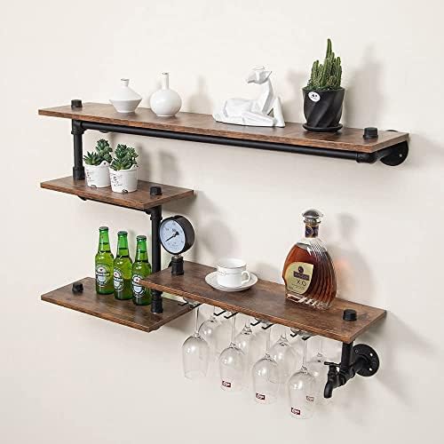 Industrial Pipe Shelves Wine Rack Wall Mounted with 4 Stem Glass Holder