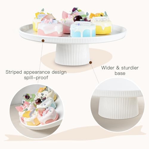 13 Inch Ceramic Cake Stand Elegant White and Striped Design
