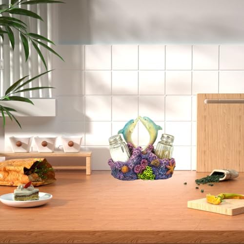Dolphin Salt Pepper Shakers Set - Ceramic With Wire Holder