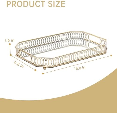 Bar Cart Tray with Gold Handles and Mirrored Surface