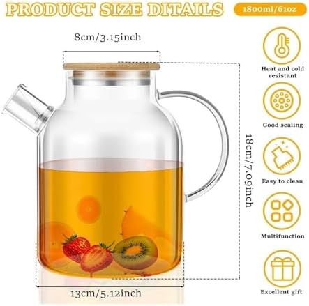 Glass Pitcher With Bamboo Steel Lid 1800ml Heat Resistant Jug