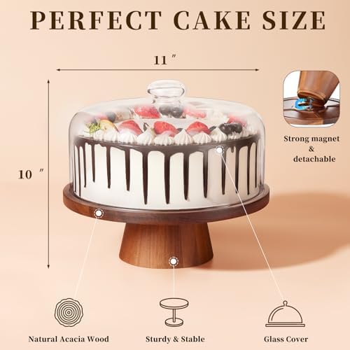 VIVIRBIEN Wooden Cake Stand with Glass Lid and Magnetic Base