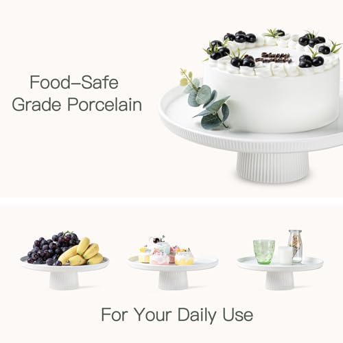 13 Inch Ceramic Cake Stand Elegant White and Striped Design