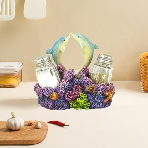 Dolphin Salt Pepper Shakers Set - Ceramic With Wire Holder