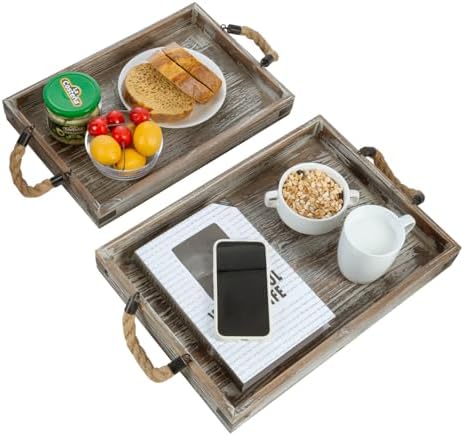 MyGift 2 Piece Rustic Torched Wood Serving Trays with Rope Handles