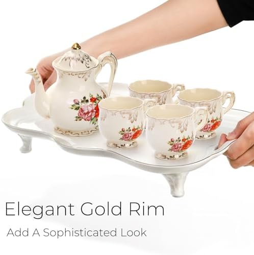 16 Inch Ceramic Serving Tray with Handles and Gold Rim