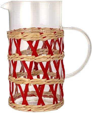 Creative Co Op Glass Pitcher with Woven Sleeve Red and Natural 1
