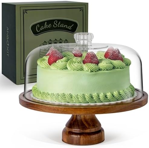 Acacia Wood Cake Stand with Acrylic Dome Lid and Footed Base