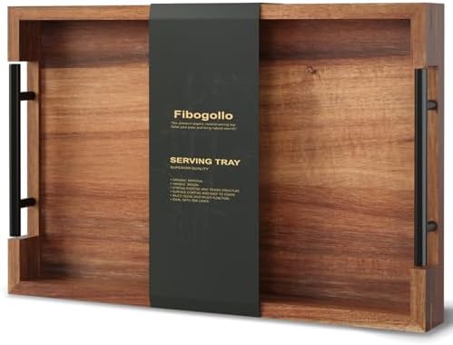 Acacia Wood Serving Tray with Metal Handles