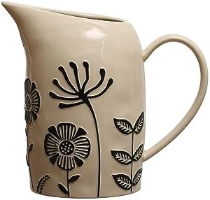 875 Inches 62 Ounce Hand Painted Stoneware Pitcher with Embossed Flowers Cream Black