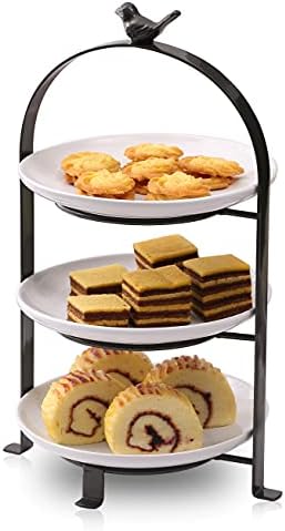SparkWorks 3 Tiered Cake Stand with 3 White Stoneware Plates