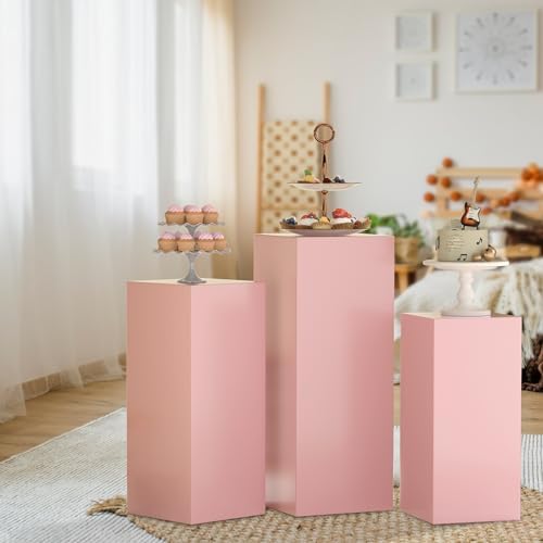 3Pcs Pink Square Cylinder Pedestal Stands for Parties
