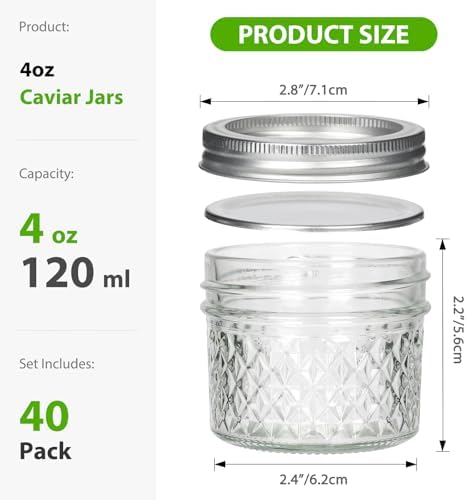 EkkoVla 4 oz Glass Jars with Silver Lids and Bands 40 Pack