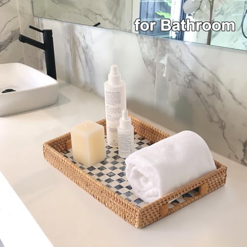 Rectangle Rattan Tray with Mother of Pearl Inlay 13x9 Black Checkerboard Pattern