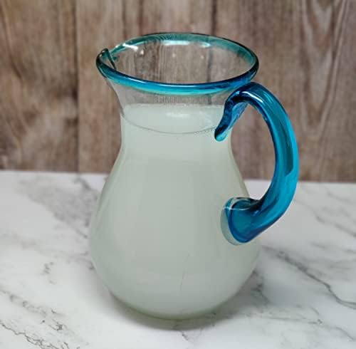 Mexican Hand Blown Glass Pitcher With Aqua Rim 84 Oz