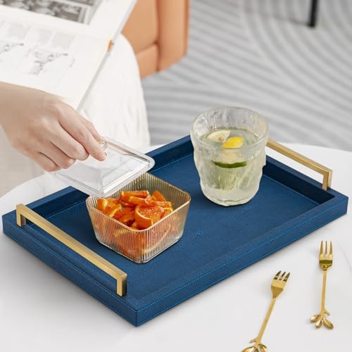 Navy Blue Shagreen Leather Serving Tray with Handles 1