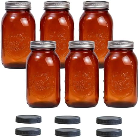 6 Pack 32 oz Amber Mason Jars with Lids and Bands