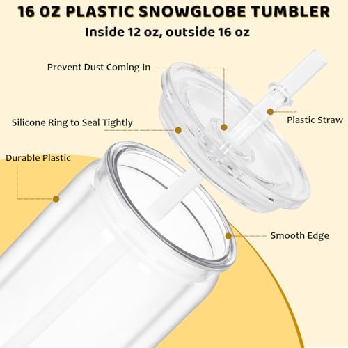 16 Oz Snowglobe Tumbler 6 Pack Pre-Drilled Double Wall Clear Cup