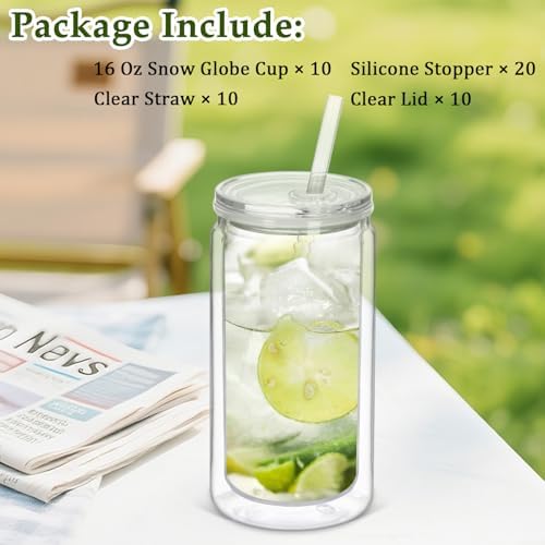 16 Oz Clear Plastic Snow Globe Tumbler with Lid and Straw 10 Pack