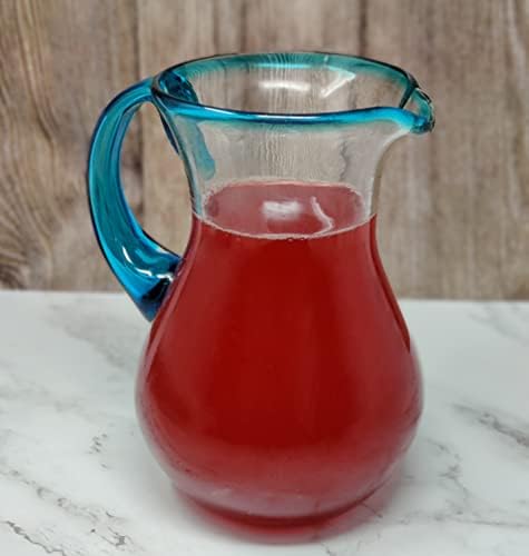 Mexican Hand Blown Glass Pitcher With Aqua Rim 84 Oz