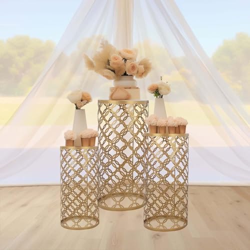 Set of 3 Gold Cylinder Cake Stands with Hollow Pattern