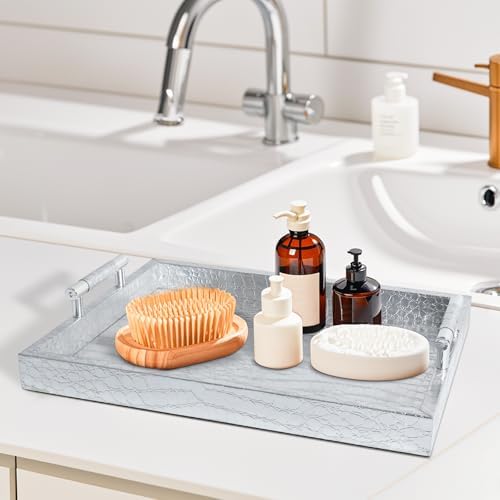 Faux Leather Serving Tray with Handles - 16x12 Inches Silver