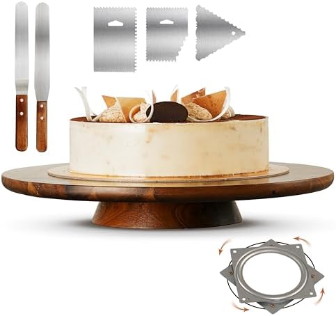 13 Inch Acacia Cake Stand Rotating with Icing Tools