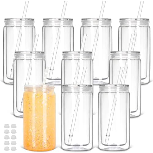 16 Oz Clear Plastic Snow Globe Tumbler with Lid and Straw 10 Pack