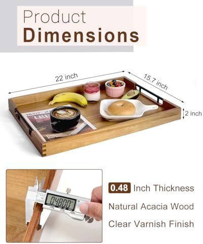 22 Inches Acacia Wood Serving Tray with Metal Handles