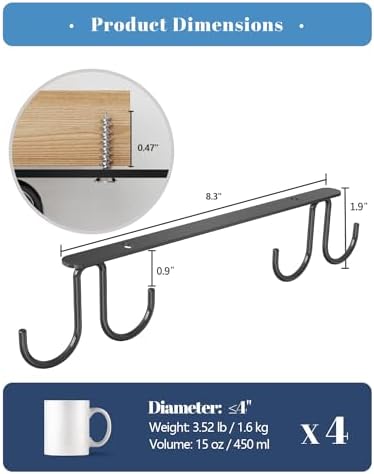 Luckinow Mug Hooks 3 Pack Black Metal Under Cabinet Organizer