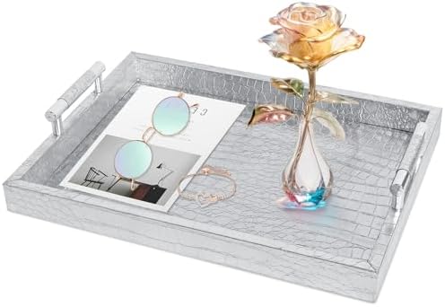 Faux Leather Serving Tray with Handles - 16x12 Inches Silver