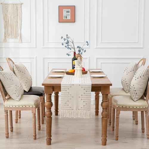 72 Inch Boho Table Runner with Tassels Beige Taupe