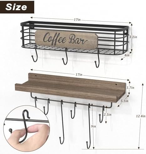 Filano Coffee Mug Holder 2 Pack with 12 Hooks and Basket