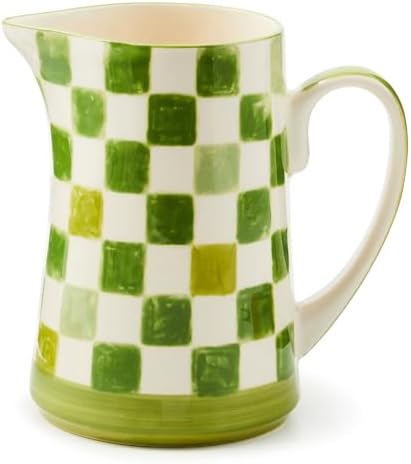 Mackenzie-Childs Stoneware Pitcher with Spout 175 Quarts Green Check