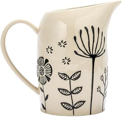 875 Inches 62 Ounce Hand Painted Stoneware Pitcher with Embossed Flowers Cream Black