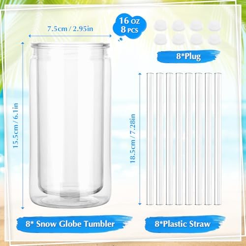 HOMIEE 8 Pack 16 Oz Snow Globe Tumblers with Tools